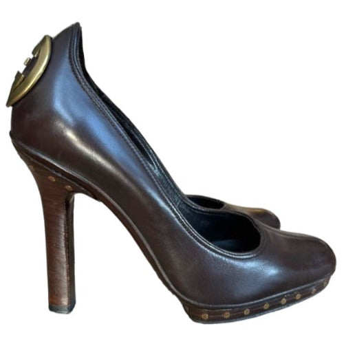 GUCCI Brown Leather GG Logo Studded Platform Heels Pumps, Size 35.5