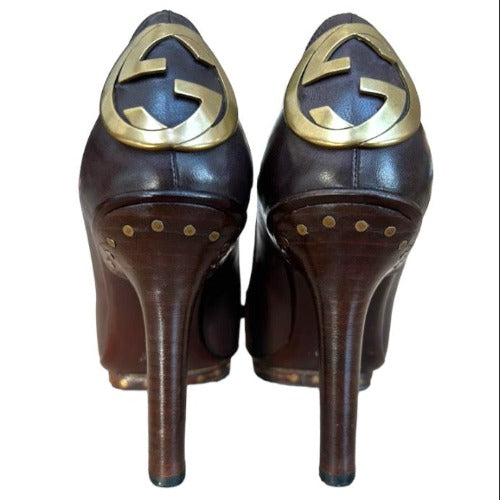GUCCI Brown Leather GG Logo Studded Platform Heels Pumps, Size 35.5