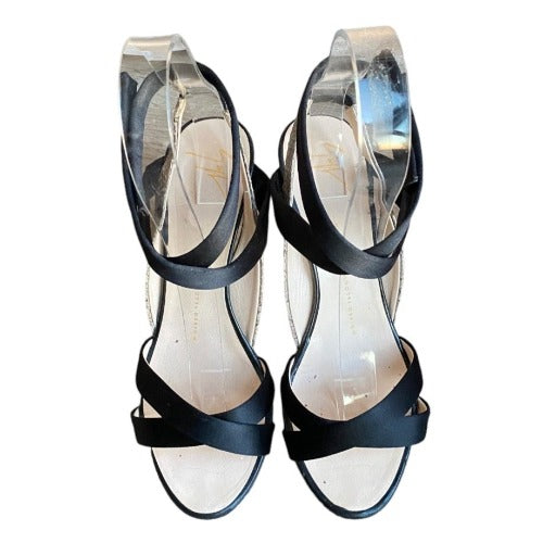 GIUSEPPE ZANOTTI Black Satin & Beige Python Leather Strappy Sandals, Size 37.5