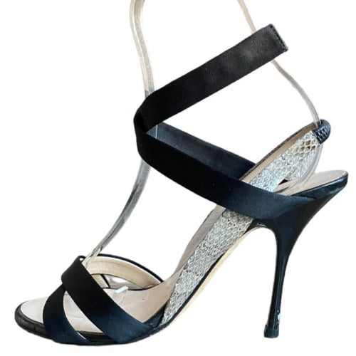 GIUSEPPE ZANOTTI Black Satin & Beige Python Leather Strappy Sandals, Size 37.5