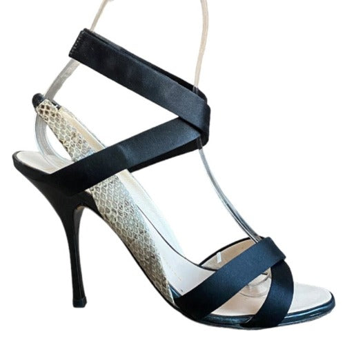 GIUSEPPE ZANOTTI Black Satin & Beige Python Leather Strappy Sandals, Size 37.5