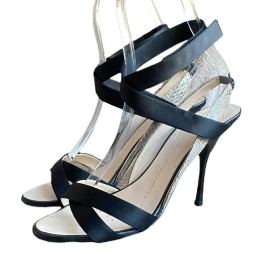 GIUSEPPE ZANOTTI Black Satin & Beige Python Leather Strappy Sandals, Size 37.5