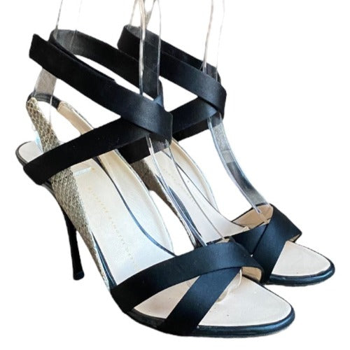 GIUSEPPE ZANOTTI Black Satin & Beige Python Leather Strappy Sandals, Size 37.5