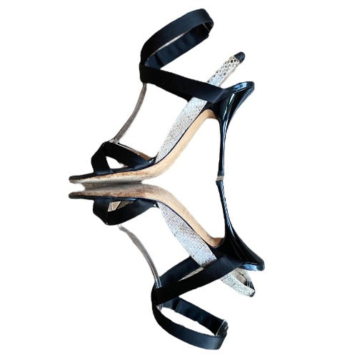 GIUSEPPE ZANOTTI Black Satin & Beige Python Leather Strappy Sandals, Size 37.5