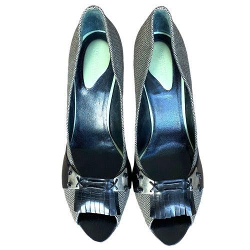 BOTTEGA VENETA Black/Gray Canvas & Leather Fringe Peep Toe Pumps, Size 39.5