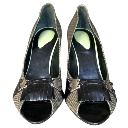 BOTTEGA VENETA Black/Gray Canvas & Leather Fringe Peep Toe Pumps, Size 39.5
