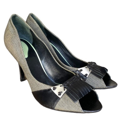 BOTTEGA VENETA Black/Gray Canvas & Leather Fringe Peep Toe Pumps, Size 39.5