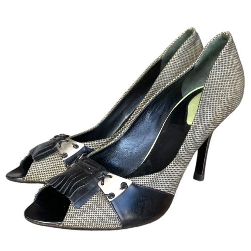 BOTTEGA VENETA Black/Gray Canvas & Leather Fringe Peep Toe Pumps, Size 39.5