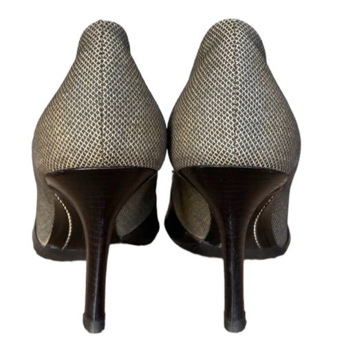 BOTTEGA VENETA Black/Gray Canvas & Leather Fringe Peep Toe Pumps, Size 39.5
