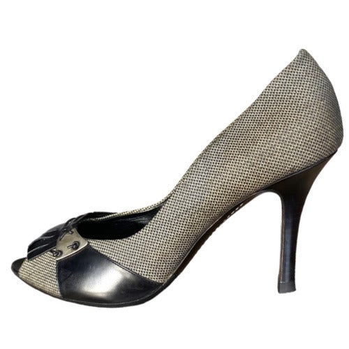BOTTEGA VENETA Black/Gray Canvas & Leather Fringe Peep Toe Pumps, Size 39.5