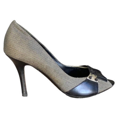 BOTTEGA VENETA Black/Gray Canvas & Leather Fringe Peep Toe Pumps, Size 39.5