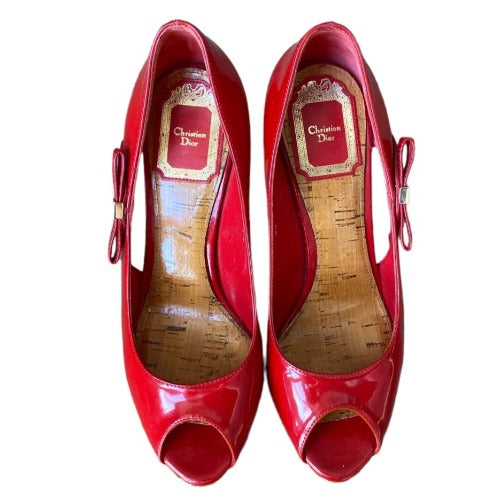 CHRISTIAN DIOR Red Patent Leather Bow Starlet Peep Toe Cork Heel Pumps Size 36.5
