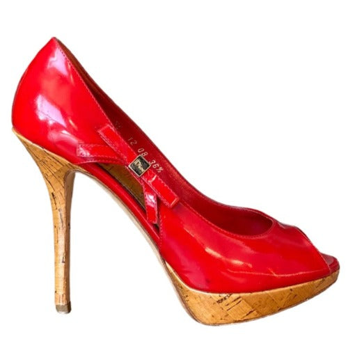 CHRISTIAN DIOR Red Patent Leather Bow Starlet Peep Toe Cork Heel Pumps Size 36.5