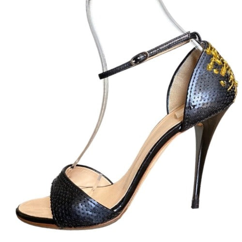 GIUSEPPE ZANOTTI Black & Gold Sequin Open Toe Ankle Strap Heeled Sandal, Size 38