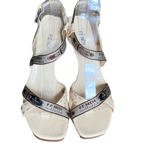 FENDI Selleria Beige Leather, Canvas Criss Cross Strappy Heeled Sandals, Size 38