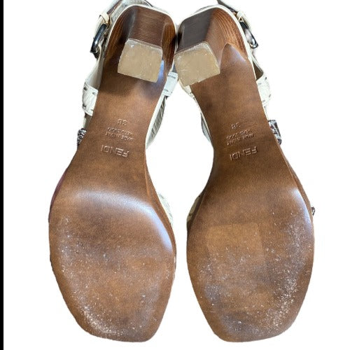 FENDI Selleria Beige Leather, Canvas Criss Cross Strappy Heeled Sandals, Size 38