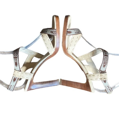 FENDI Selleria Beige Leather, Canvas Criss Cross Strappy Heeled Sandals, Size 38