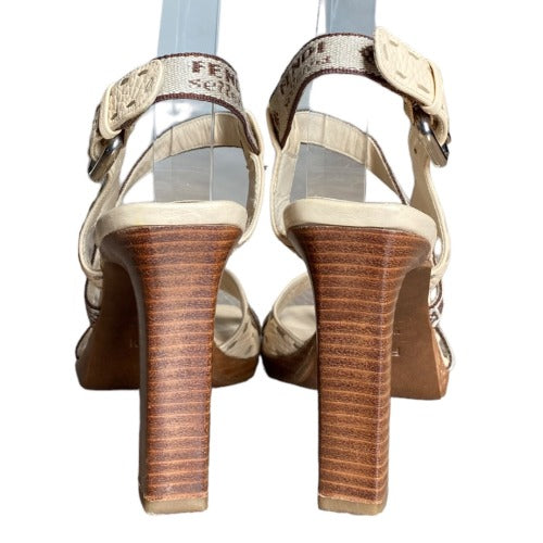 FENDI Selleria Beige Leather, Canvas Criss Cross Strappy Heeled Sandals, Size 38