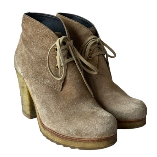 PRADA Linea Rossa Beige Suede Lace Up Ankle Boots, Size 35.5