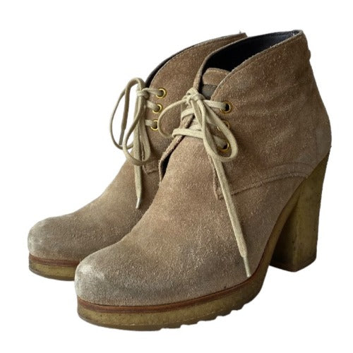 PRADA Linea Rossa Beige Suede Lace Up Ankle Boots, Size 35.5