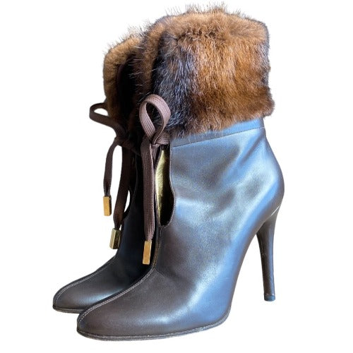 DOLCE&GABBANA Brown Leather Fur Cuff Lace Up Leather Heeled Boots, Size 38
