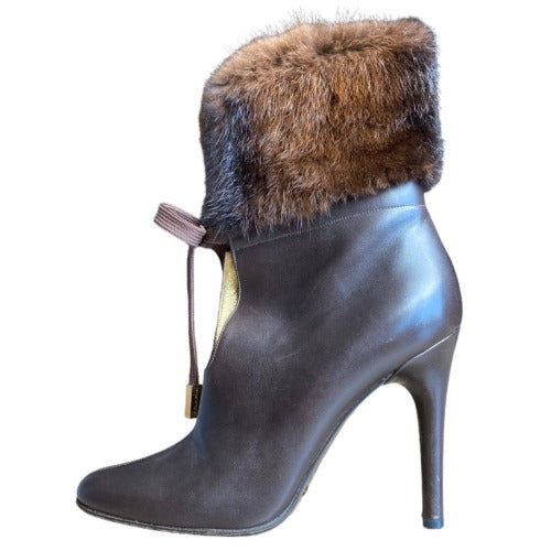 DOLCE&GABBANA Brown Leather Fur Cuff Lace Up Leather Heeled Boots, Size 38