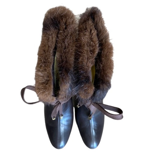 DOLCE&GABBANA Brown Leather Fur Cuff Lace Up Leather Heeled Boots, Size 38