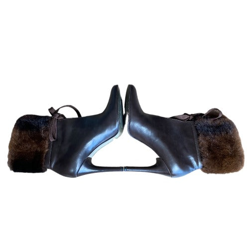 DOLCE&GABBANA Brown Leather Fur Cuff Lace Up Leather Heeled Boots, Size 38