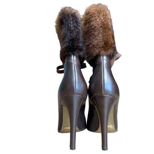 DOLCE&GABBANA Brown Leather Fur Cuff Lace Up Leather Heeled Boots, Size 38