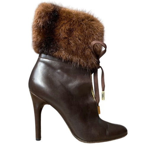 DOLCE&GABBANA Brown Leather Fur Cuff Lace Up Leather Heeled Boots, Size 38