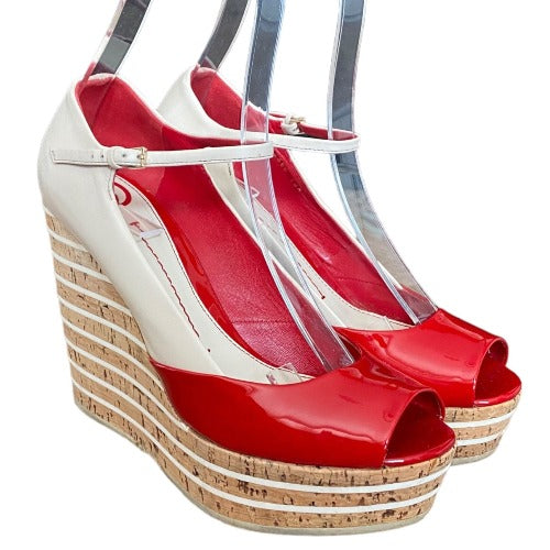 GUCCI White, Red Patent Leather Cork Mary Jane Wedge Cork Sandals, Size 38.5