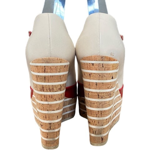 GUCCI White, Red Patent Leather Cork Mary Jane Wedge Cork Sandals, Size 38.5
