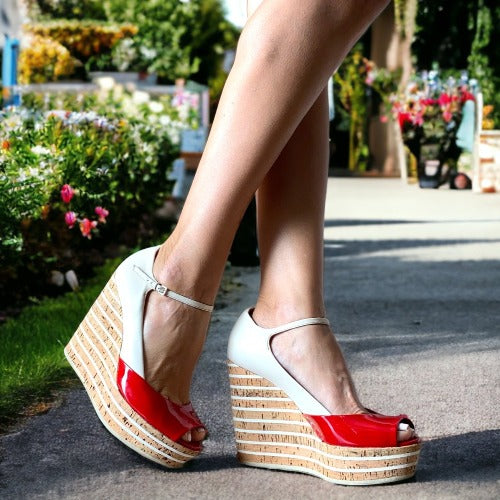 GUCCI White, Red Patent Leather Cork Mary Jane Wedge Cork Sandals, Size 38.5