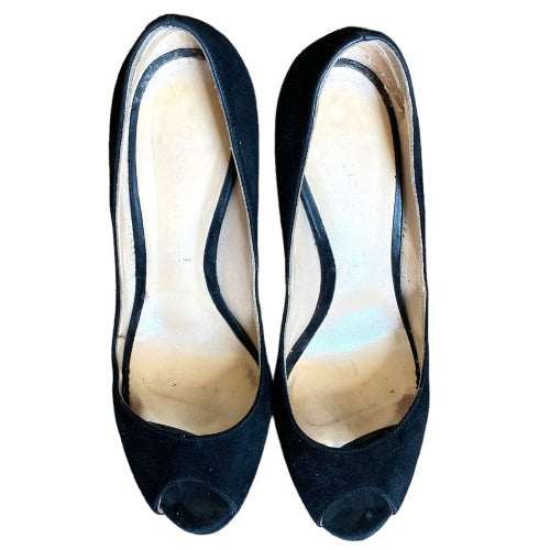 CASADEI Black Suede Peep Toe Platform Pumps, Size 38