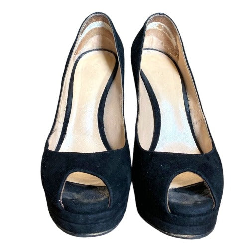 CASADEI Black Suede Peep Toe Platform Pumps, Size 38