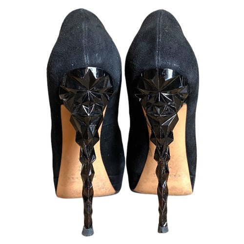 CASADEI Black Suede Peep Toe Platform Pumps, Size 38