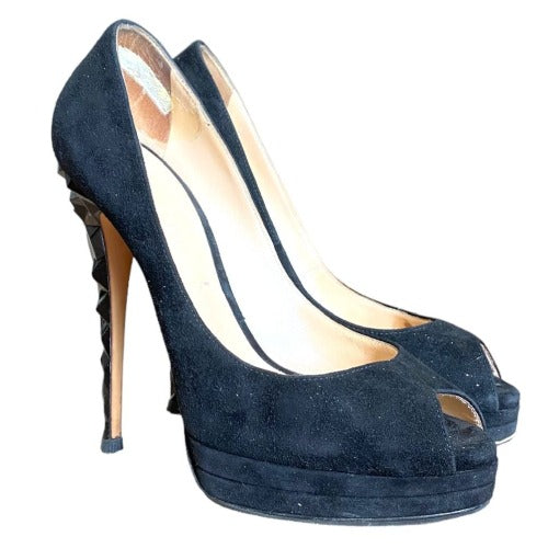 CASADEI Black Suede Peep Toe Platform Pumps, Size 38