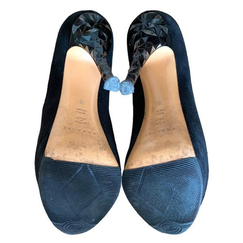 CASADEI Black Suede Peep Toe Platform Pumps, Size 38