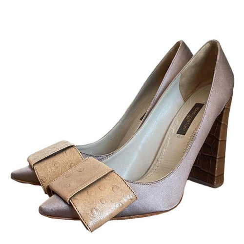 NEW LOUIS VUITTON Gray Satin Ostrich Bow Crocodile Block Heel Pumps, Size 37.5