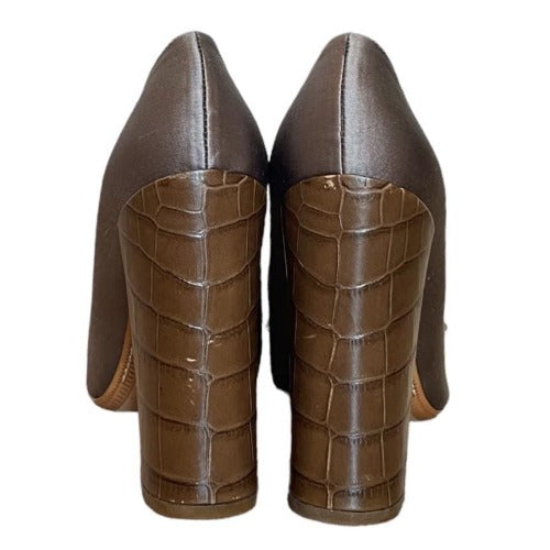 NEW LOUIS VUITTON Gray Satin Ostrich Bow Crocodile Block Heel Pumps, Size 37.5