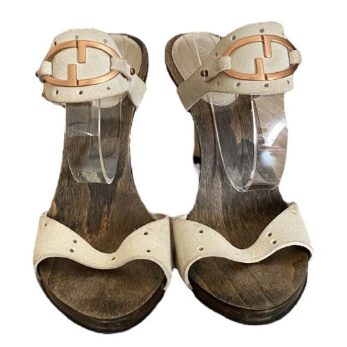 GUCCI Beige Suede GG Logo Buckle, Open Toe Wood Clog Platform Mules, Size 35.5