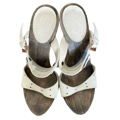 GUCCI Beige Suede GG Logo Buckle, Open Toe Wood Clog Platform Mules, Size 35.5