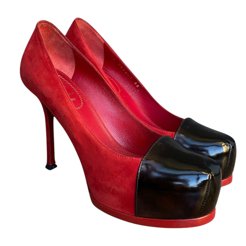 YSL SAINT LAURENT Tribtoo Red/Black Suede & Leather Platform Pumps, Size 36