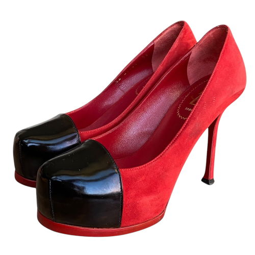 YSL SAINT LAURENT Tribtoo Red/Black Suede & Leather Platform Pumps, Size 36