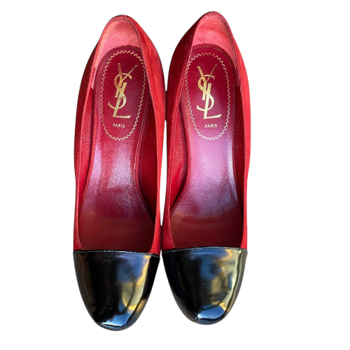 YSL SAINT LAURENT Tribtoo Red/Black Suede & Leather Platform Pumps, Size 36