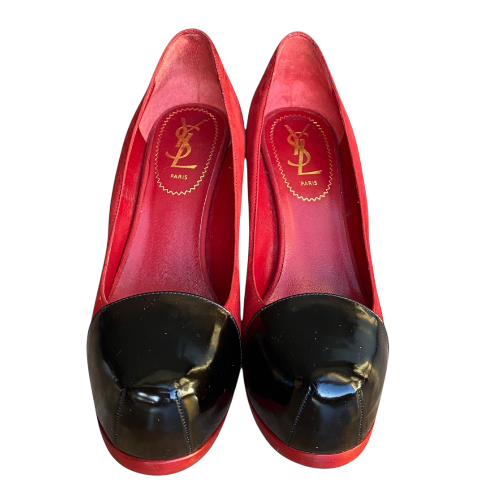 YSL SAINT LAURENT Tribtoo Red/Black Suede & Leather Platform Pumps, Size 36