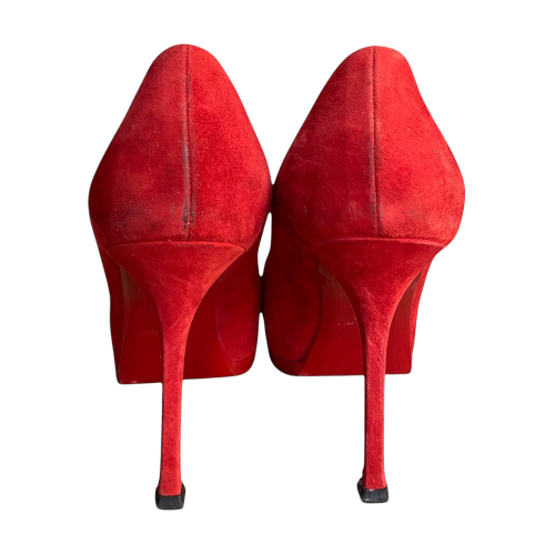YSL SAINT LAURENT Tribtoo Red/Black Suede & Leather Platform Pumps, Size 36