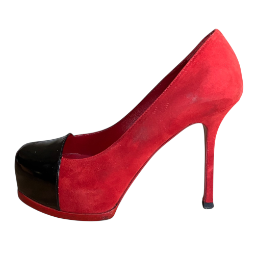 YSL SAINT LAURENT Tribtoo Red/Black Suede & Leather Platform Pumps, Size 36