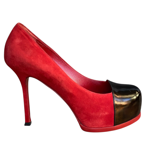 YSL SAINT LAURENT Tribtoo Red/Black Suede & Leather Platform Pumps, Size 36