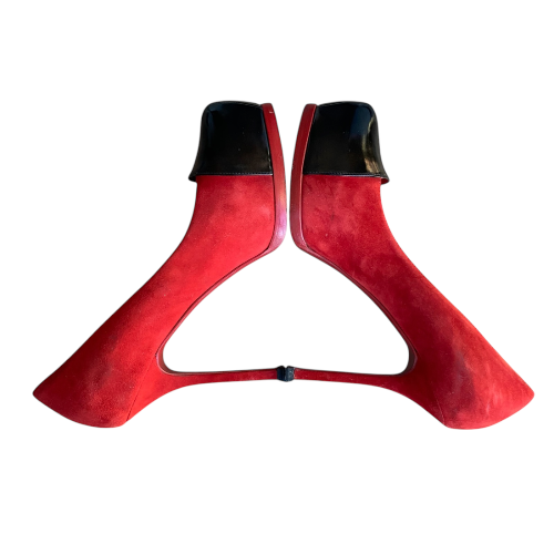 YSL SAINT LAURENT Tribtoo Red/Black Suede & Leather Platform Pumps, Size 36